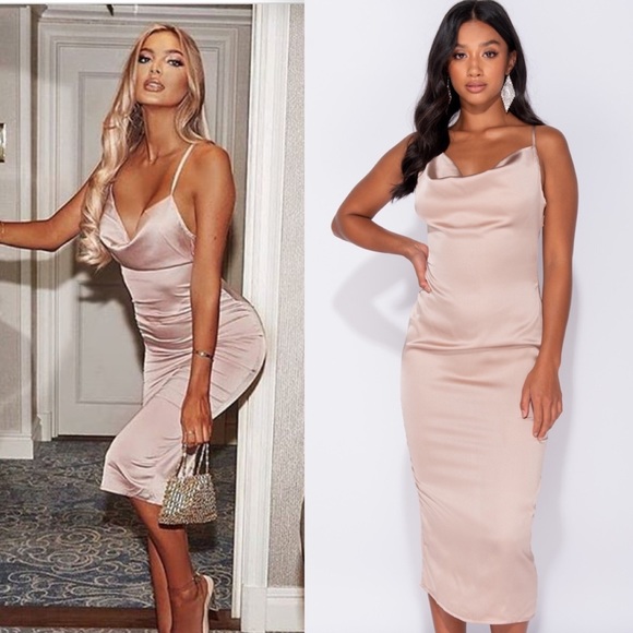 Paris&Pearle Dresses & Skirts - Kylie Nude Champagne Satin Cross Back Midi Dress